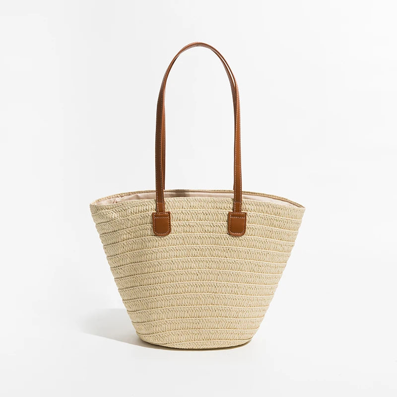 Summer Straw Woven Tote Bag Women Casual Shoulder Bags Khaki Vacation Beach Bag