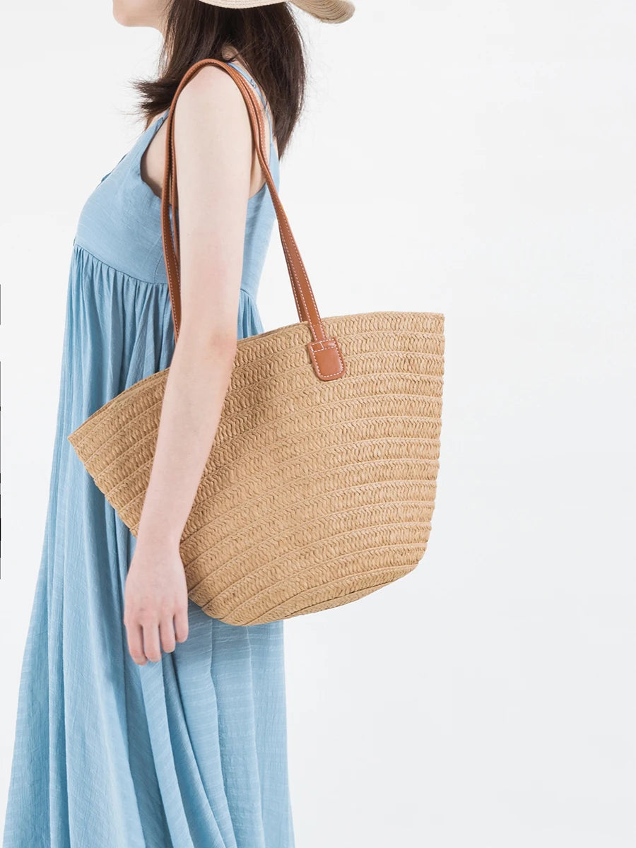 Summer Straw Woven Tote Bag Women Casual Shoulder Bags Khaki Vacation Beach Bag