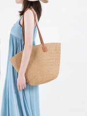 Summer Straw Woven Tote Bag Women Casual Shoulder Bags Khaki Vacation Beach Bag
