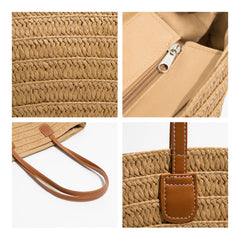 Summer Straw Woven Tote Bag Women Casual Shoulder Bags Khaki Vacation Beach Bag