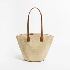 Summer Straw Woven Tote Bag Women Casual Shoulder Bags Khaki Vacation Beach Bag