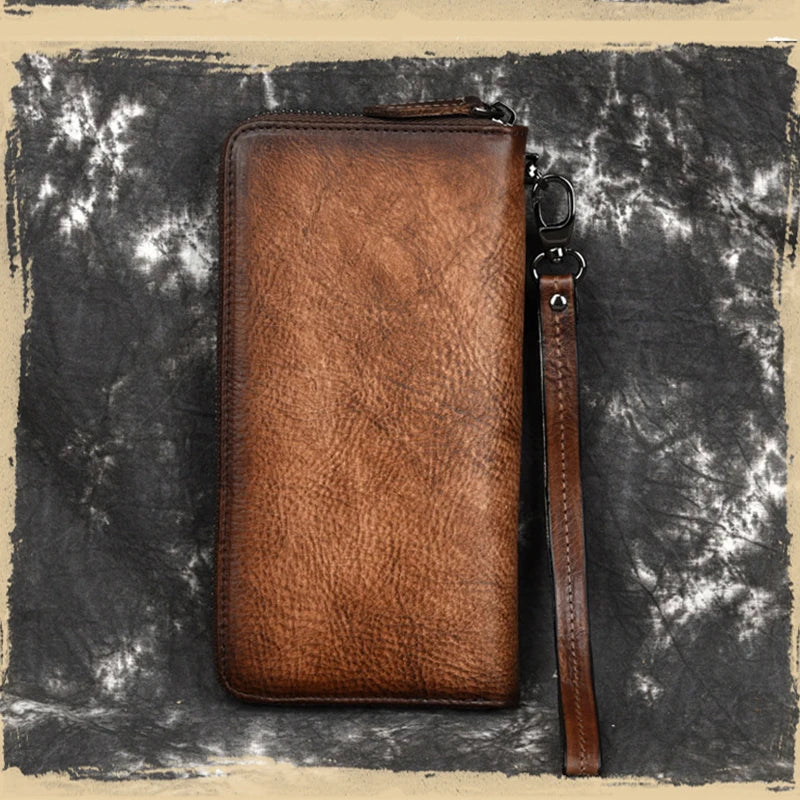 MAHEU Vintage Leather Long Wallet Men's Business Zipper Purse Phone Holder