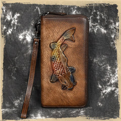 MAHEU Vintage Leather Long Wallet Men's Business Zipper Purse Phone Holder