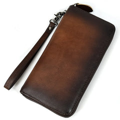 MAHEU Vintage Leather Long Wallet Men's Business Zipper Purse Phone Holder