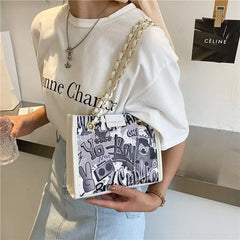 MBTI Graffiti Print Shoulder Bag for Women Cartoon Pu Leather Casual Purse