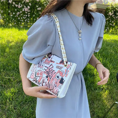 MBTI Graffiti Print Shoulder Bag for Women Cartoon Pu Leather Casual Purse