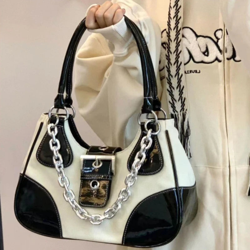 MBTI Vintage Casual Shoulder Bag for Women Canvas Chain Zipper Underarm Bag