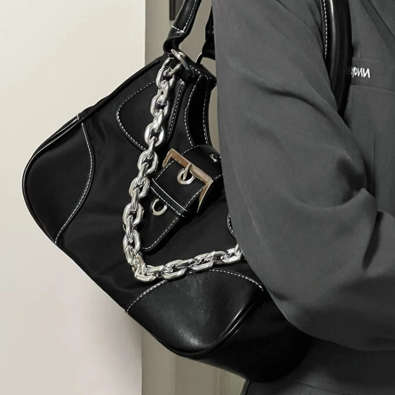 MBTI Vintage Casual Shoulder Bag for Women Canvas Chain Zipper Underarm Bag