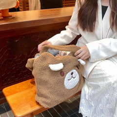 MBTI Women Lamb Shoulder Bag Soft Smiley Bear Large Capacity Portable Tote Bag