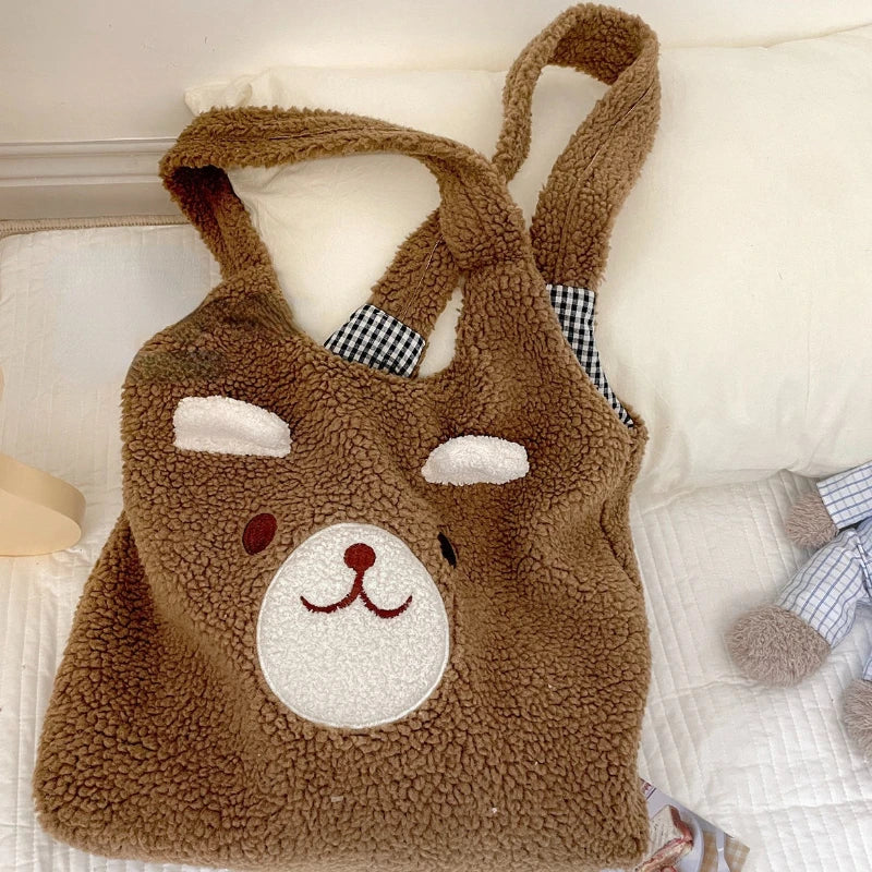 MBTI Women Lamb Shoulder Bag Soft Smiley Bear Large Capacity Portable Tote Bag