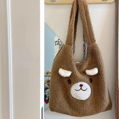 MBTI Women Lamb Shoulder Bag Soft Smiley Bear Large Capacity Portable Tote Bag