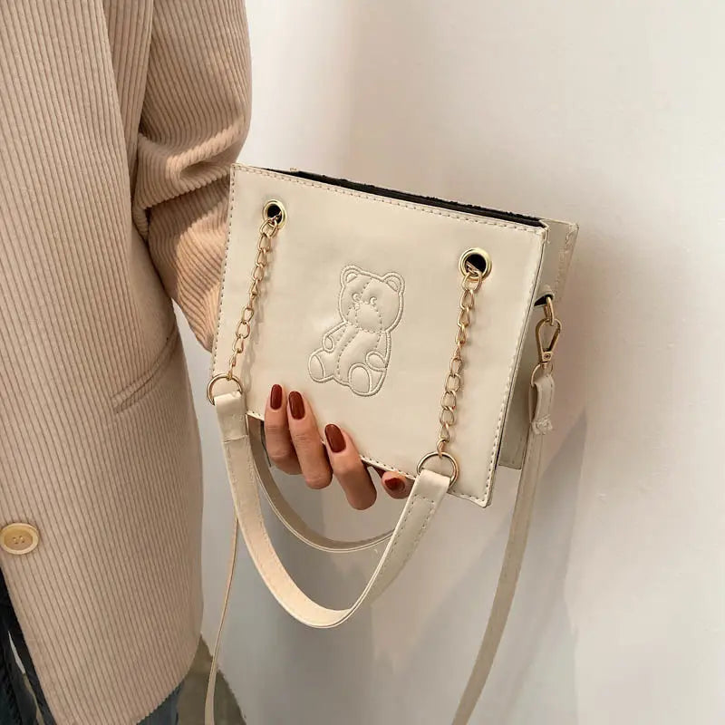 Embroidered Bear Square Shoulder Bag, Leather Crossbody for Women