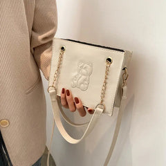 Embroidered Bear Square Shoulder Bag, Leather Crossbody for Women