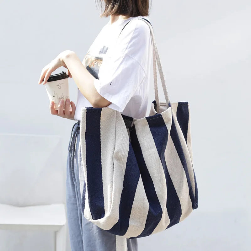 Casual Canvas Tote Handbag Large Shoulder Bag Striped Canvas Shopper Bags