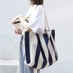 Casual Canvas Tote Handbag Large Shoulder Bag Striped Canvas Shopper Bags