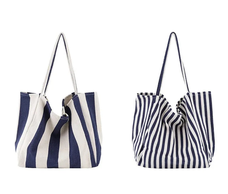Casual Canvas Tote Handbag Large Shoulder Bag Striped Canvas Shopper Bags
