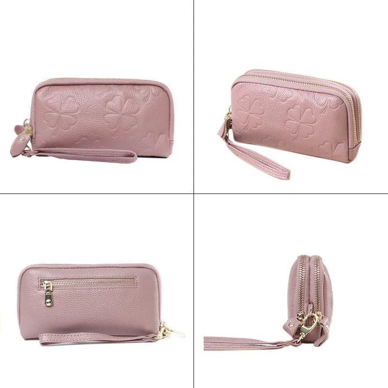 Double Zipper Clutch Purse Embossed Flower Female Money Purses Wristlet