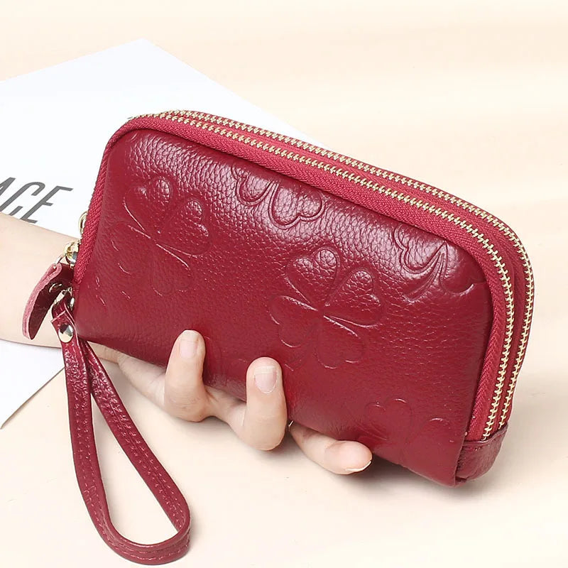 Double Zipper Clutch Purse Embossed Flower Female Money Purses Wristlet