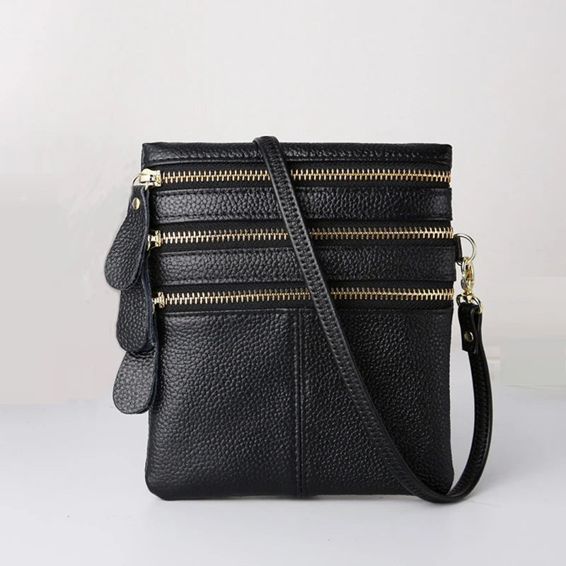 Women Crossbody Bags Leather High Multi-Zipper Soft Real Leather Messenger Bag