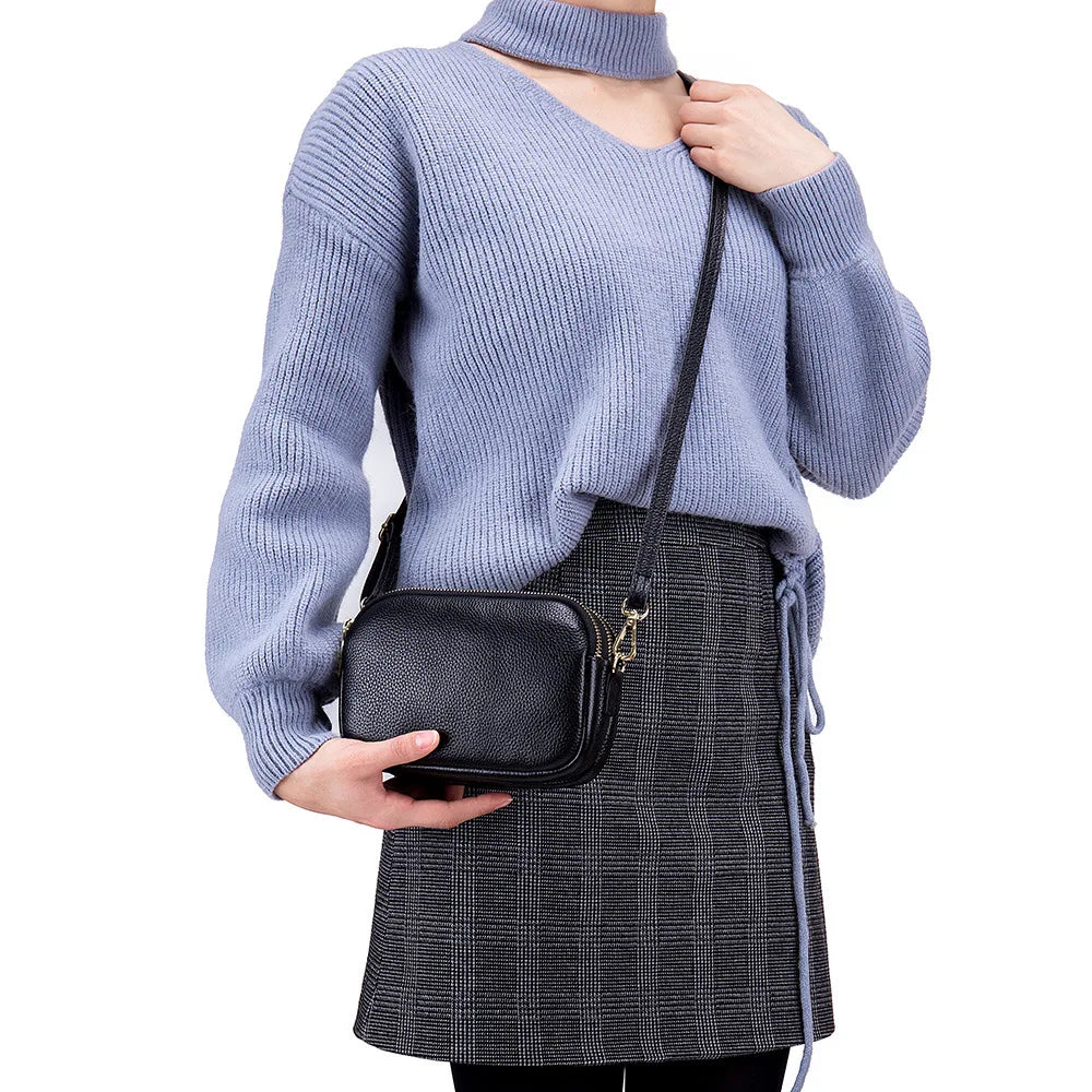 Small Leather Crossbody Bag 3 Layer Zip Wristlet Large Capacity Clutch Purse