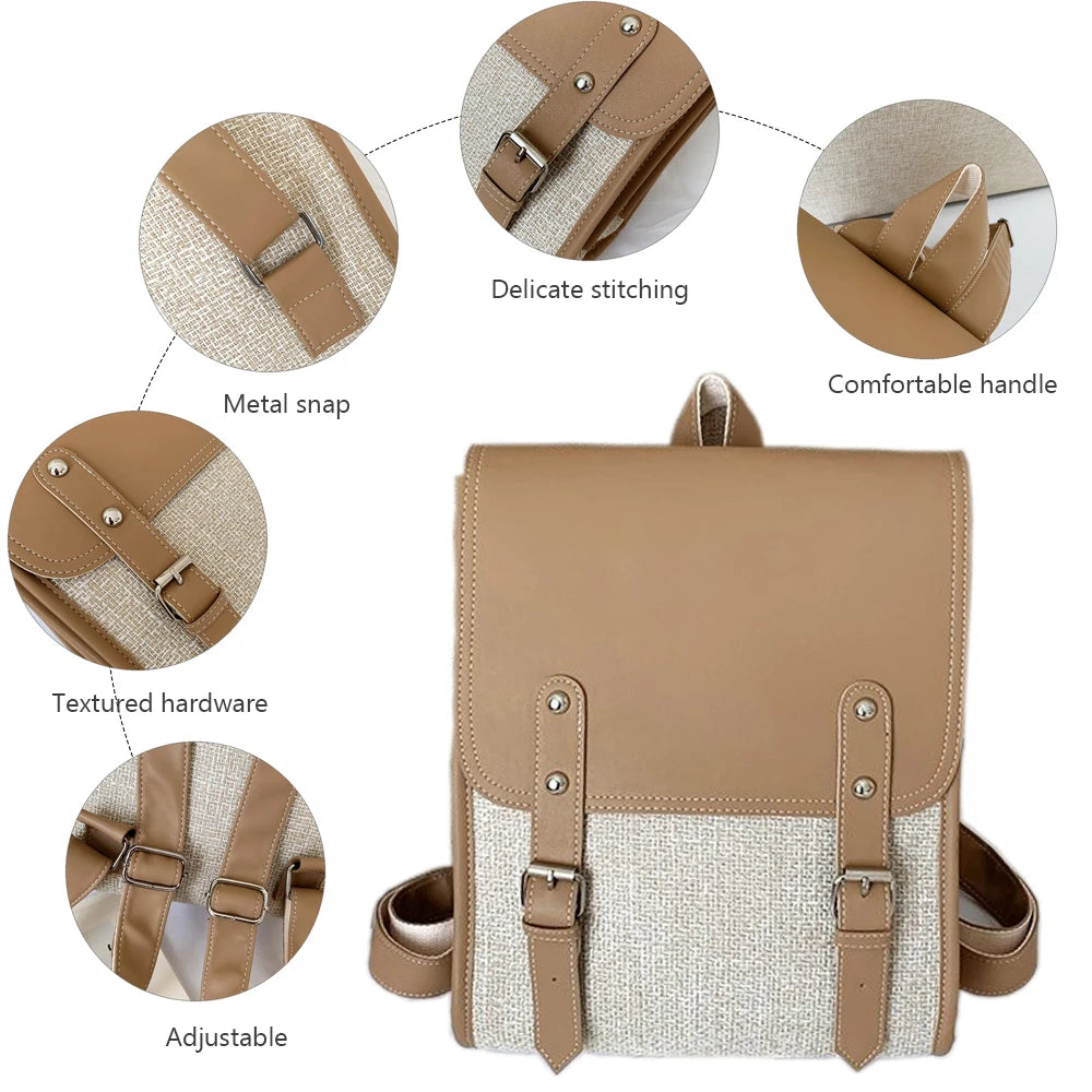 Vintage Women Backpack Leather Nylon School Bag for Teenage Girl