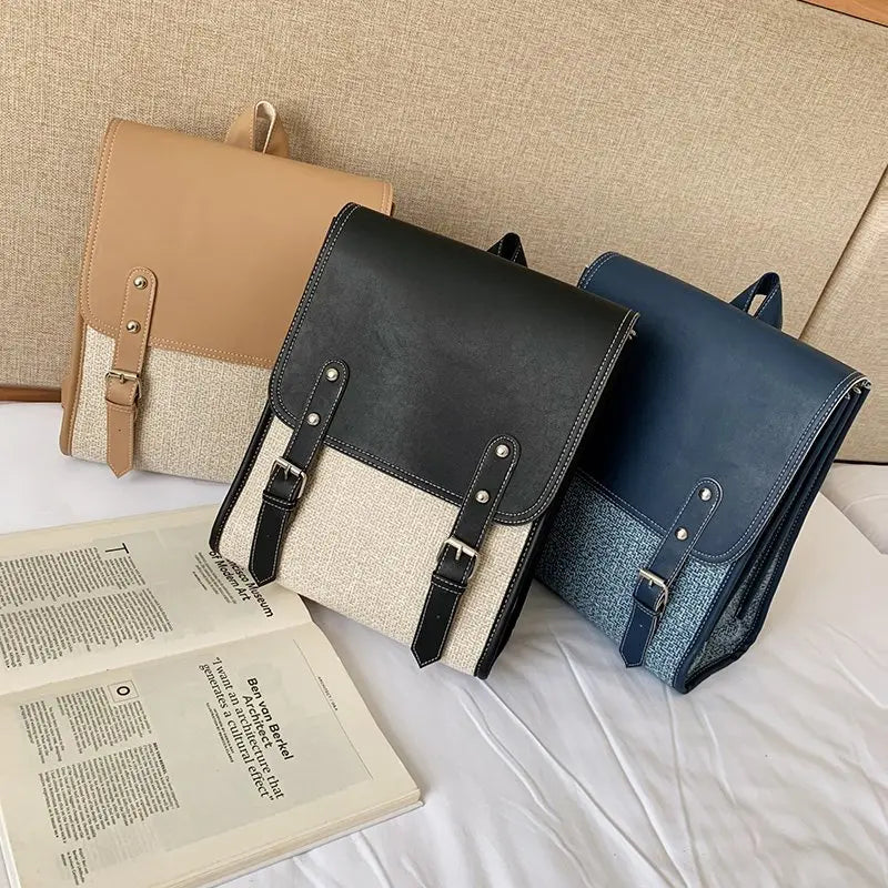 Vintage Women Backpack Leather Nylon School Bag for Teenage Girl
