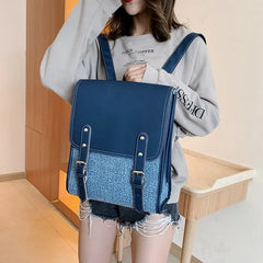 Vintage Women Backpack Leather Nylon School Bag for Teenage Girl