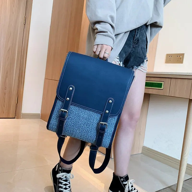Vintage Women Backpack Leather Nylon School Bag for Teenage Girl