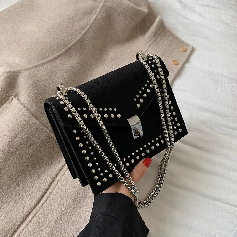 Women Chain Rivet Lock Crossbody Bags Travel Small Flaps Shoulder Messenger Bag