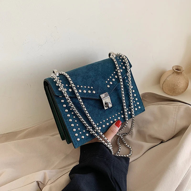 Women Chain Rivet Lock Crossbody Bags Travel Small Flaps Shoulder Messenger Bag