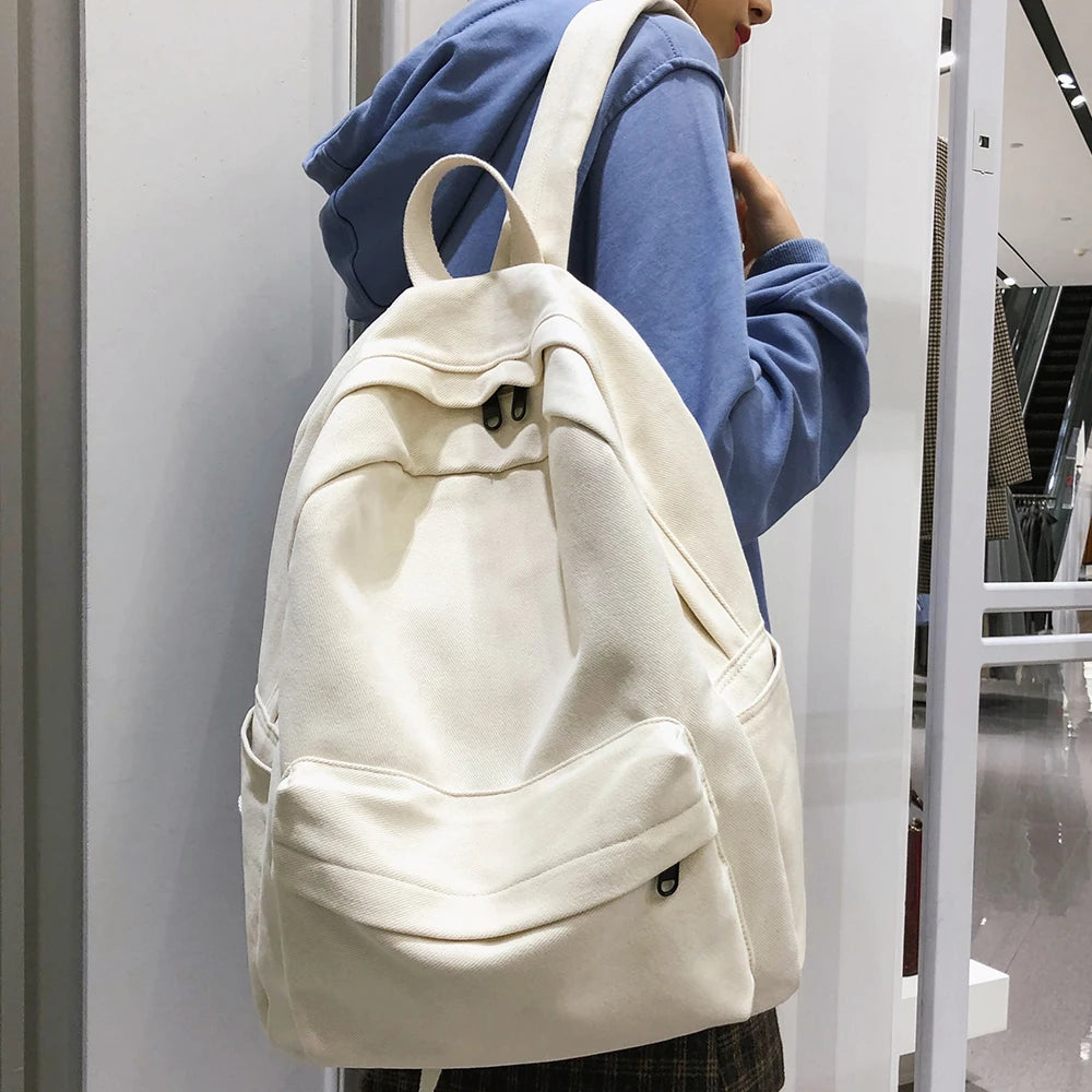 Large Capacity School Backpack Solid Cotton Canvas Schoolbag Teenage Girl Bookba