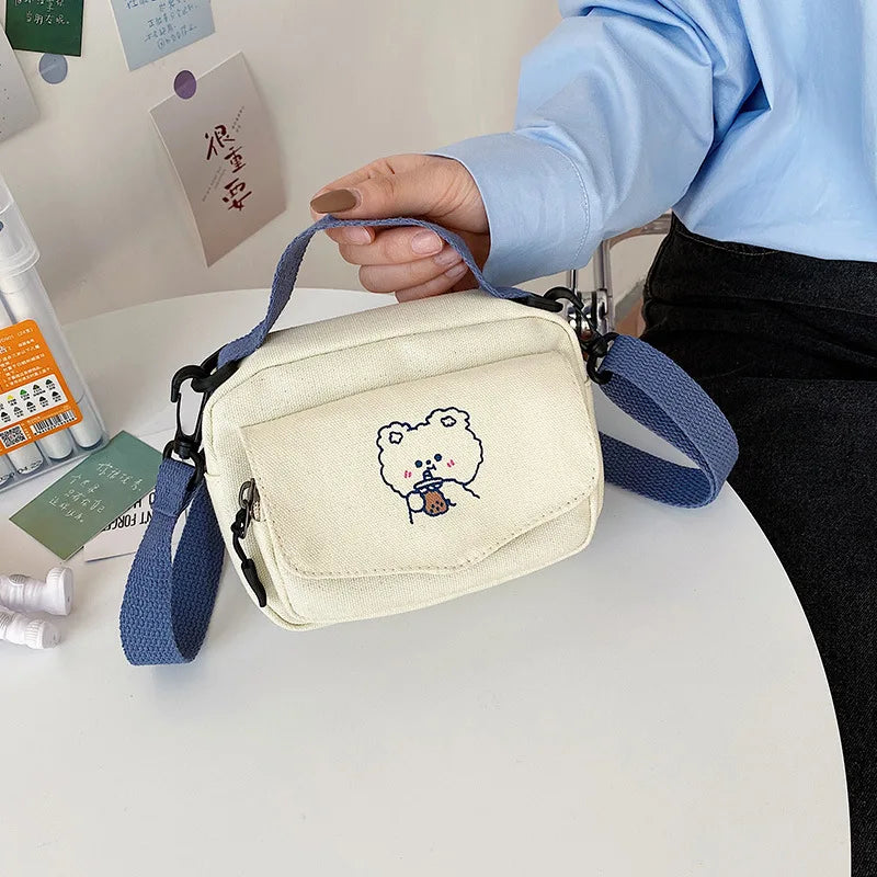 Small Bear Crossbody Bag for Women Canvas Zipper Messenger Bag
