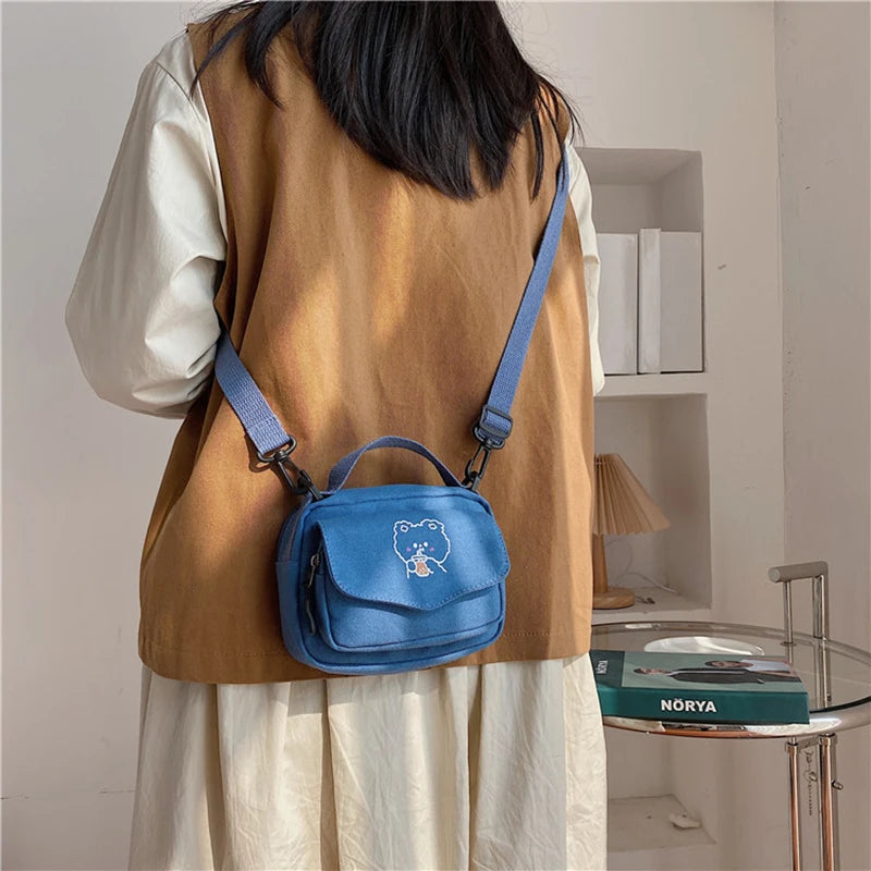 Small Bear Crossbody Bag for Women Canvas Zipper Messenger Bag