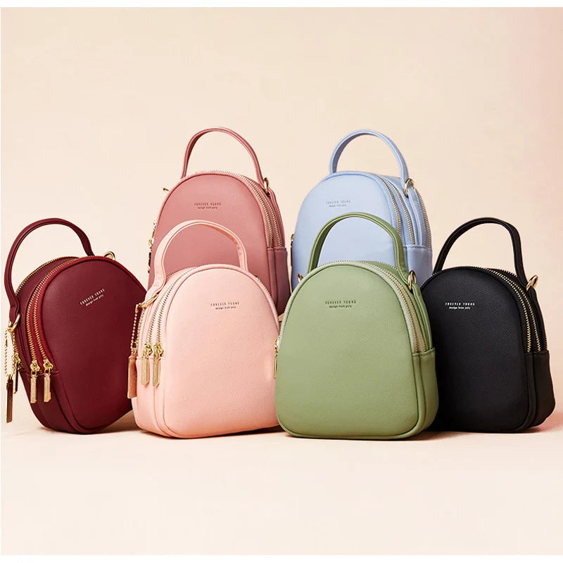 Solid Leather Mini Backpack for Women Ladies Tote Shoulder Bag Purse