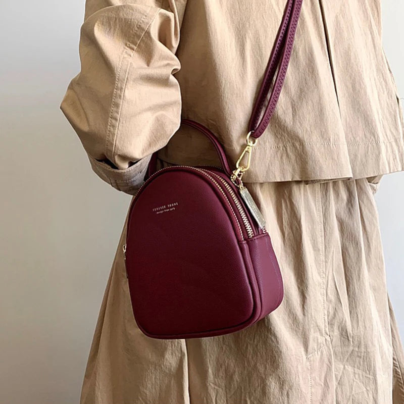 Solid Leather Mini Backpack for Women Ladies Tote Shoulder Bag Purse