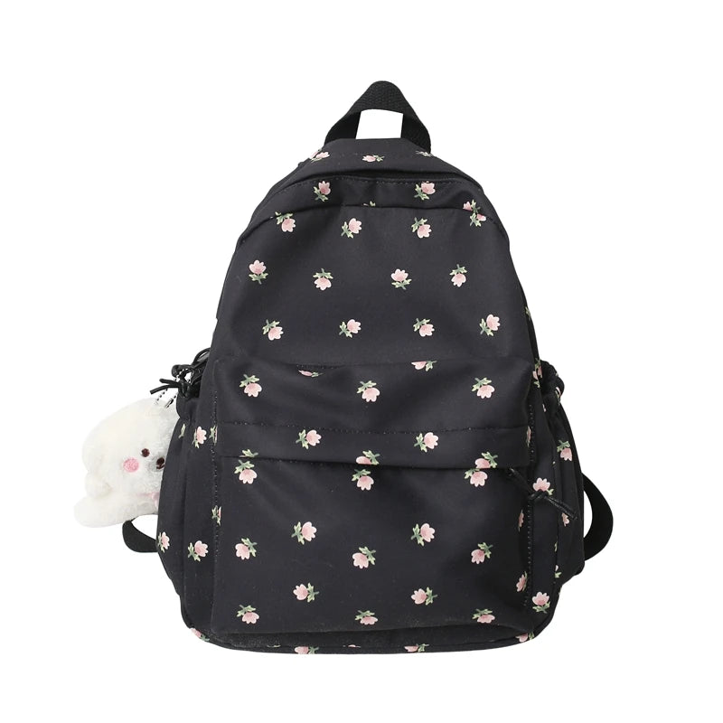 Floral Nylon School Bags for Girls Large Capacity Women Pink Backpack