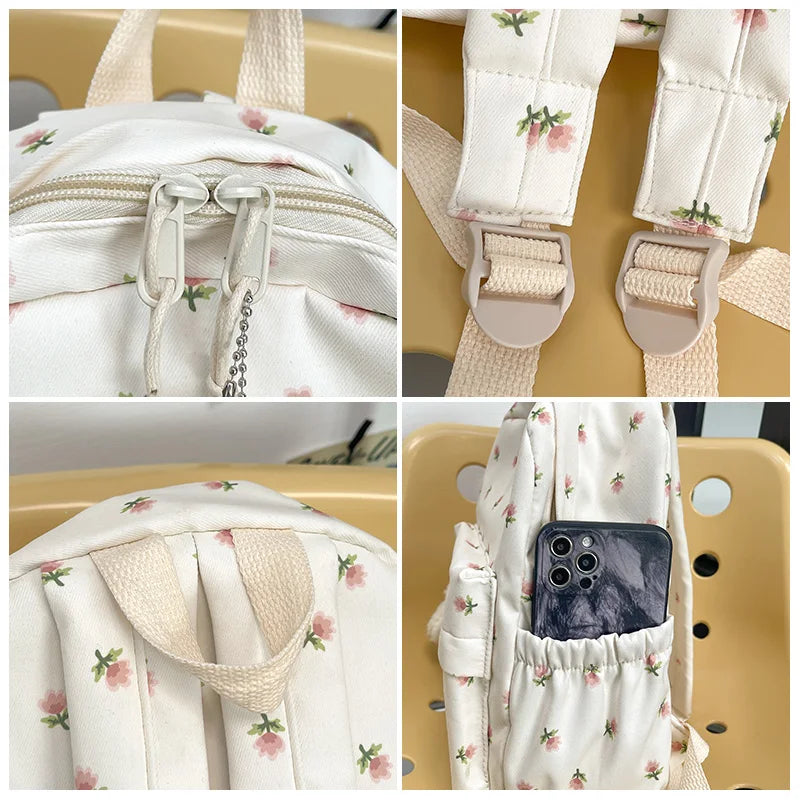 Floral Nylon School Bags for Girls Large Capacity Women Pink Backpack