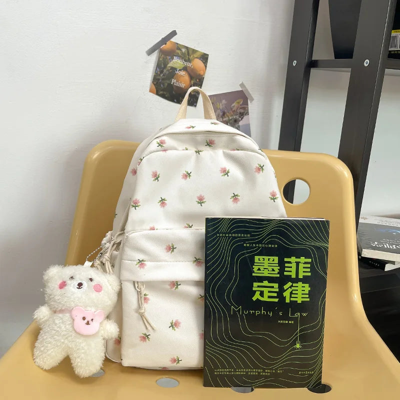 Floral Nylon School Bags for Girls Large Capacity Women Pink Backpack