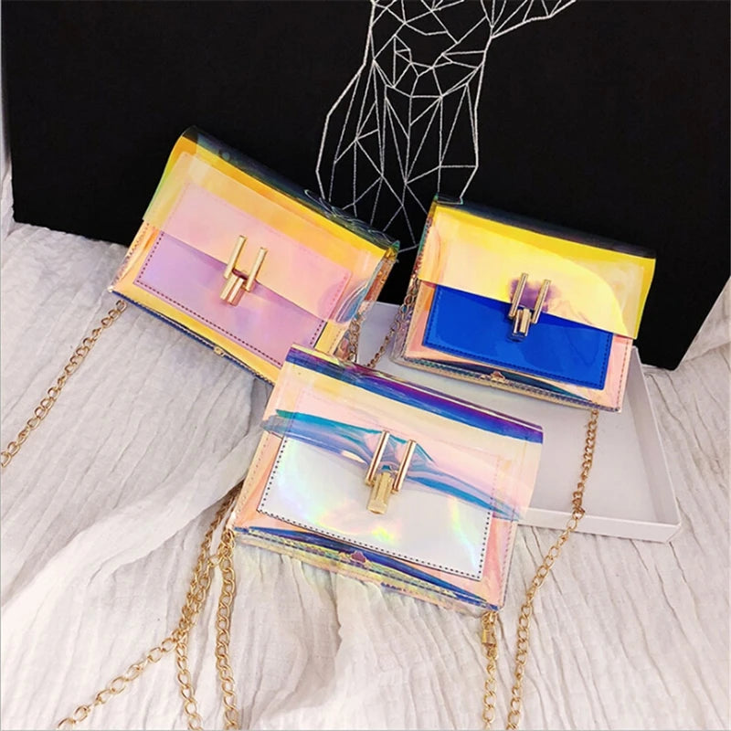 Women Laser Crossbody Bag Chain Shoulder PVC Waterproof Beach Small Square Bag