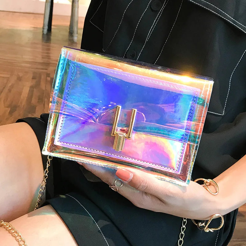 Women Laser Crossbody Bag Chain Shoulder PVC Waterproof Beach Small Square Bag