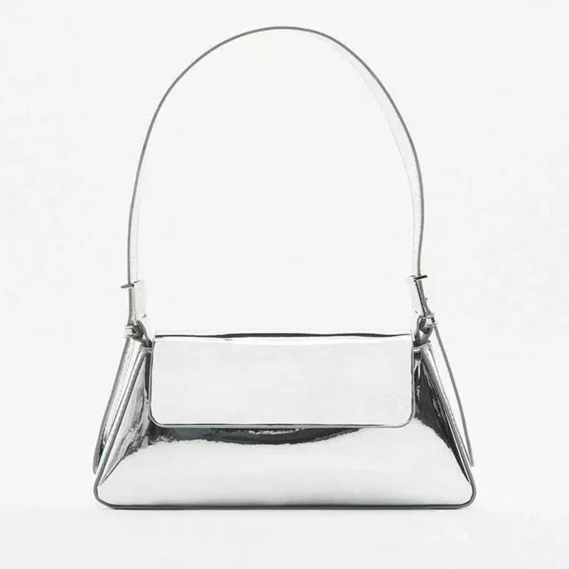 Silver Shoulder Bag Women Adjustable Strap PU Solid Casual Underarm Bag