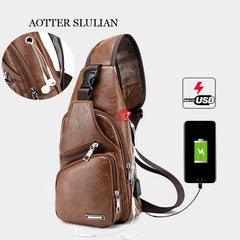 Men's Crossbody Phone USB Charging Bag Leather Shoulder Anti-theft Travel Pack