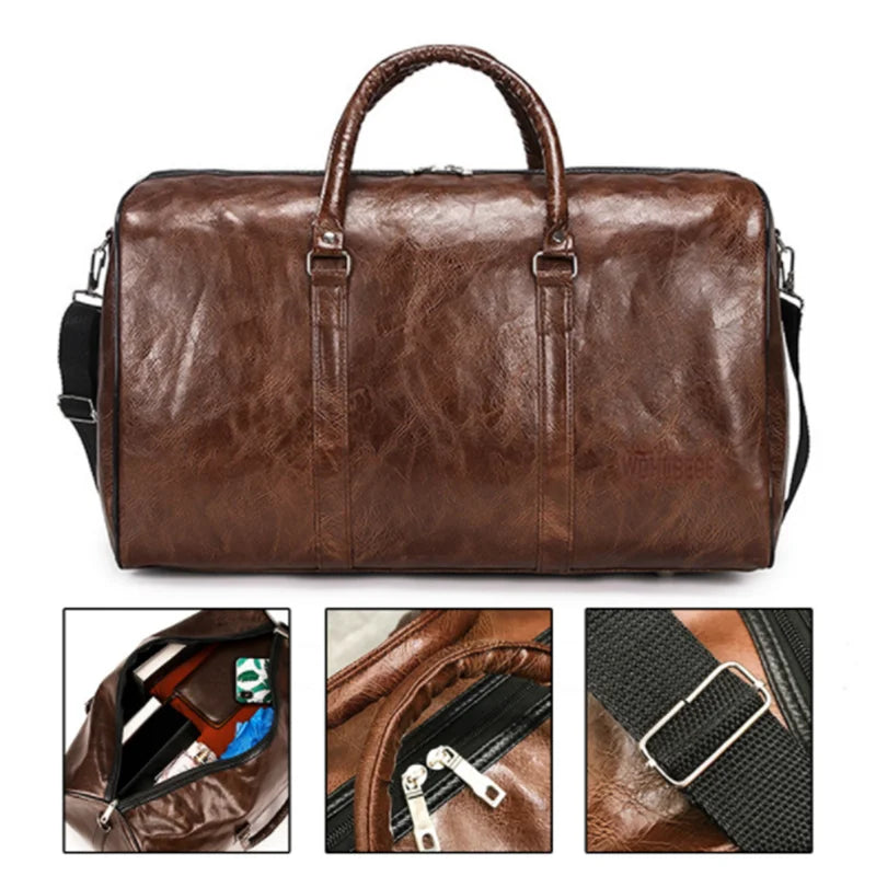 Men's Leather Travel Bag Duffle Shoulder Bag Shoes Storage Large Handbag