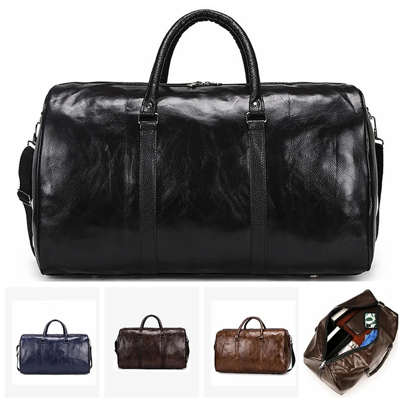 Men's Leather Duffle Bag with Shoe Storage and Shoulder Strap