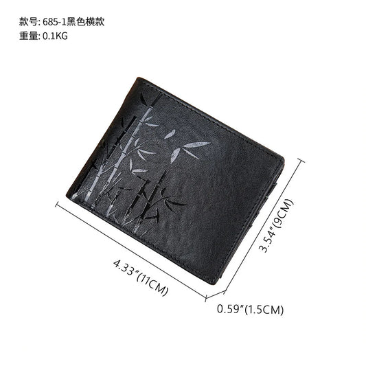 Men's Long Leather Wallet Cowhide Bamboo Embossed Coin Purse