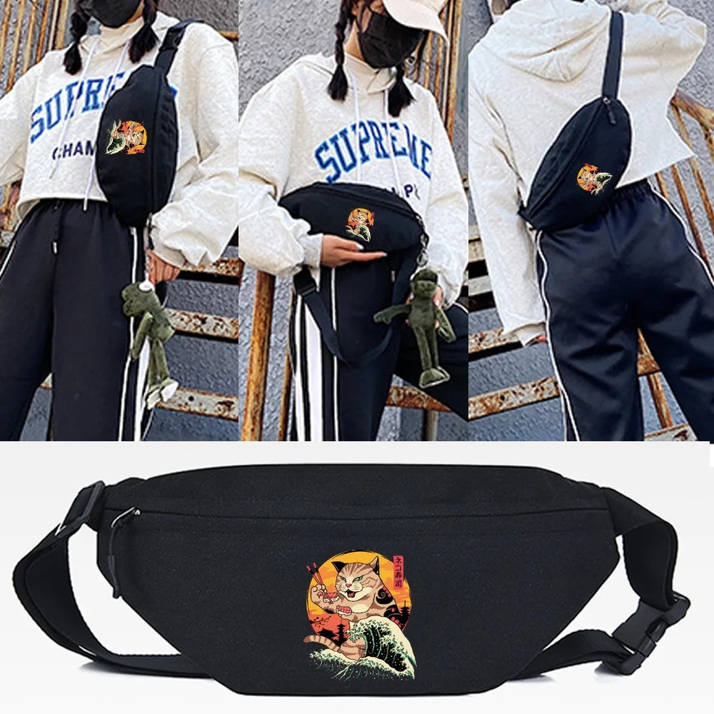 Cat Ramen Print Waist Bag Shoulder Pack Outdoor Sports Crossbody Bag