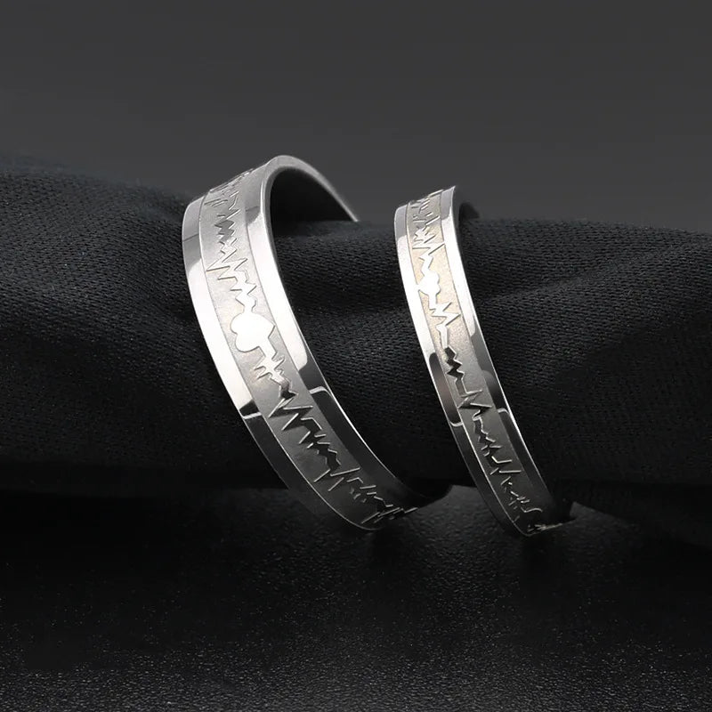 Titanium Steel Electrocardiogram Wave Ring Wedding Couples Rings