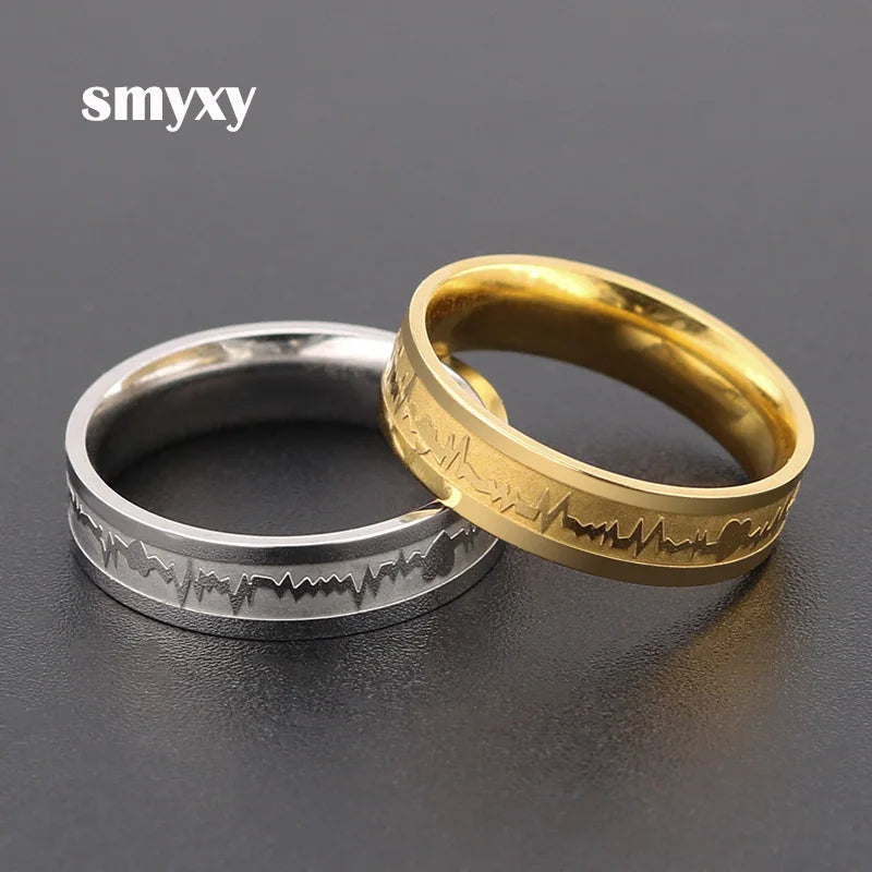 Titanium Steel Electrocardiogram Wave Ring Wedding Couples Rings