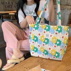 Mara's Canvas Shoulder Bag Large Capacity Reusable Shopping Tote Floral Handbags