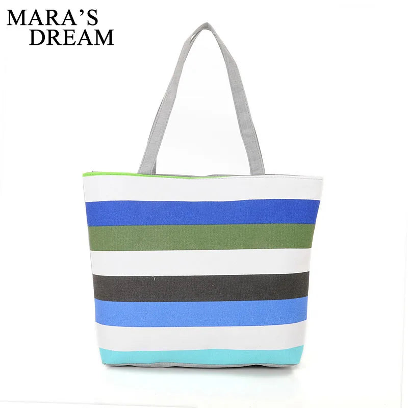 Mara's Dream Canvas Shopper Bag Striped Rainbow Beach Bags Tote Women Ladies Gir